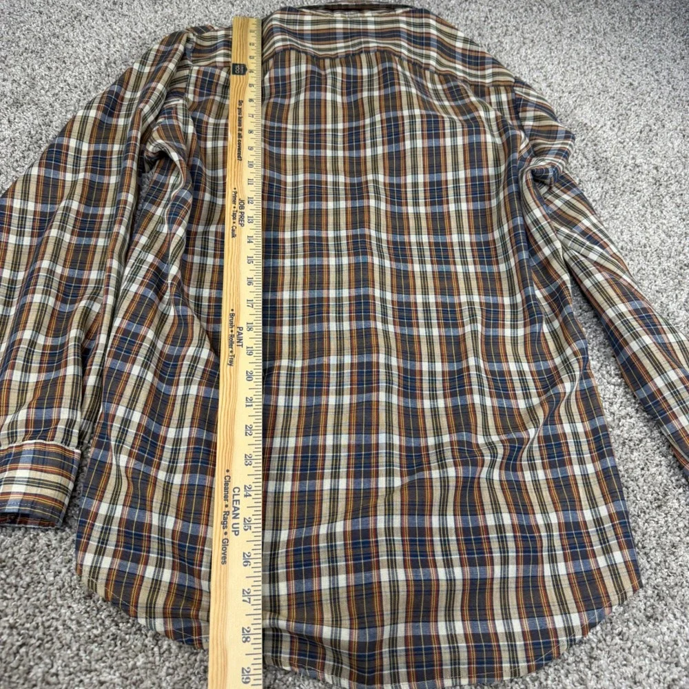 Vintage Lee Mens Plaid Western Pearl Snap Shirt Brown Blue Made in USA Medium